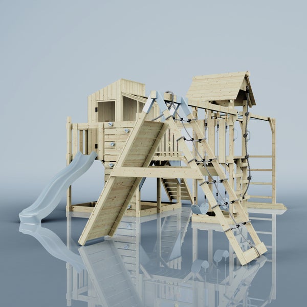 Spielplatz mit Kletterwand, Rutsche und Schaukel aus Holz