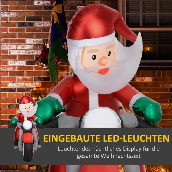 Aufblasbarer rot-weißer Weihnachtsmann auf einem roten Motorrad mit integrierter Beleuchtung für die Weihnachtsdekoration.