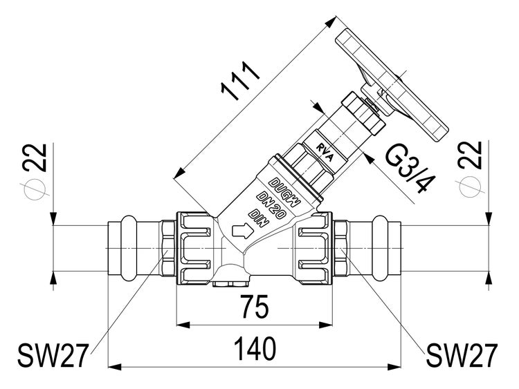 Technische Zeichnung eines Schrägsitzventils mit Maßangaben wie 140 Millimeter Länge und 22 Millimeter Durchmesser.