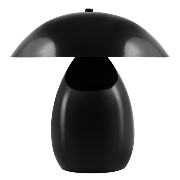 Schwarze Tischleuchte in Pilzform mit glänzendem Metallschirm und rundem Fuß.