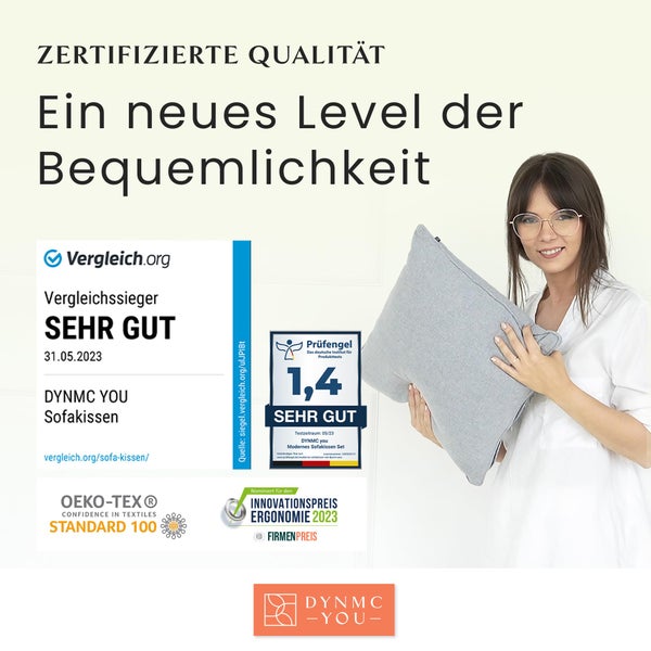 DYNMC you Sofakissen mit Füllung und Bezug - 2er Set 40x40cm mit Viel Füllung - VERGLEICHSSIEGER SEHR GUT - Rückenkissen mit Oeko TEX Baumwoll-Bezug - Bequeme Dekokissen - Couchkissen Grau