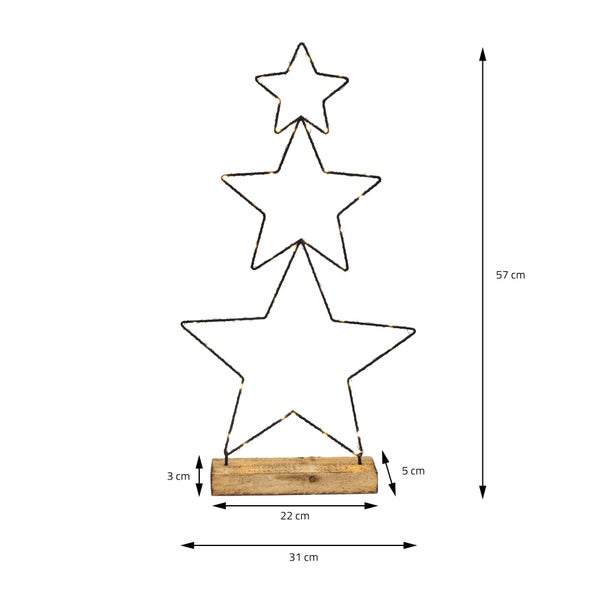 ECD Germany 3x LED Deko Weihnachtsstern übereinander mit 40 warmweißen LEDs auf Holzblock, 57cm, Schwarz, batteriebetrieben, Metall, Dreistern mit Beleuchtung, Timer, Innen, Weihnachtsdeko Fensterdeko