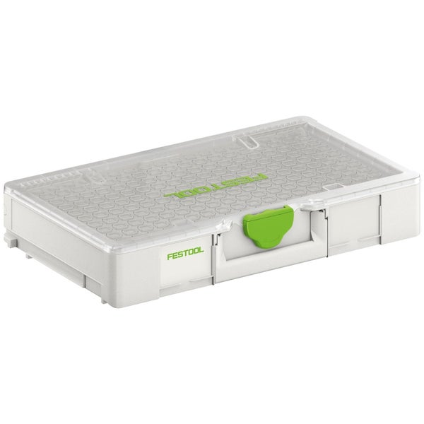 Festool Systainer Organizer aus Kunststoff mit transparentem Deckel und grünem Verschluss.