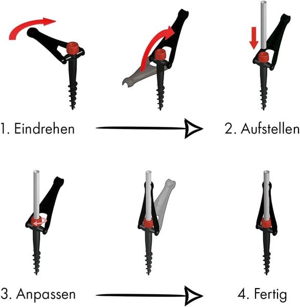 Montageanleitung für Erdschraubanker in vier Schritten: 1. Eindrehen mit Hebel, 2. Aufstellen und Stab einsetzen, 3. Feinjustierung, 4. Fertig montiert.