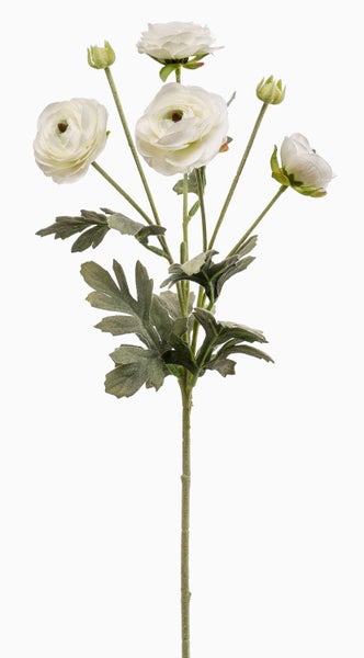 Künstlicher Ranunkelzweig mit weißen Blüten und Knospen an einem grünen Stiel.