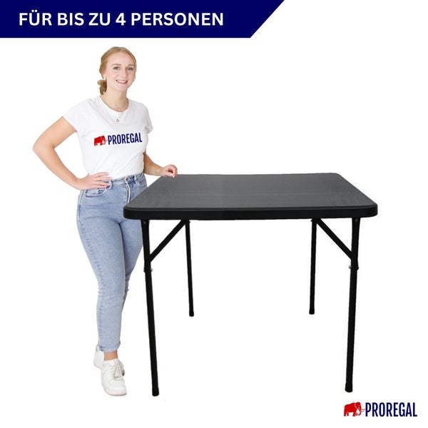 Schwarzer Klapptisch mit Frau und Proregal Logo