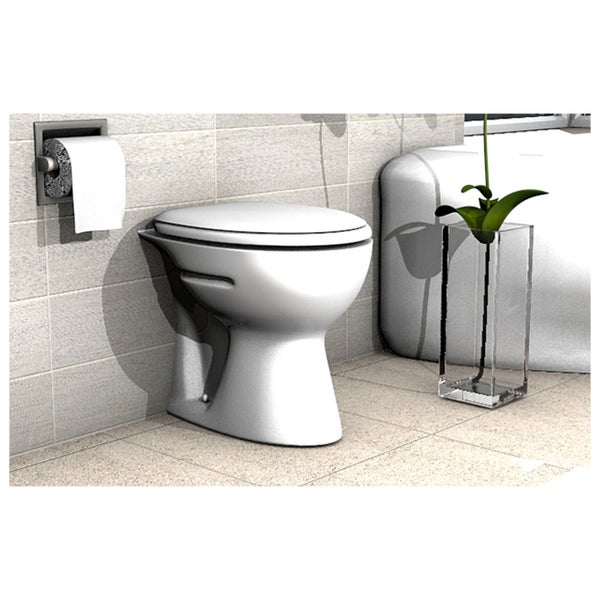 Toilette mit Toilettenpapierhalter und Pflanze im Glas