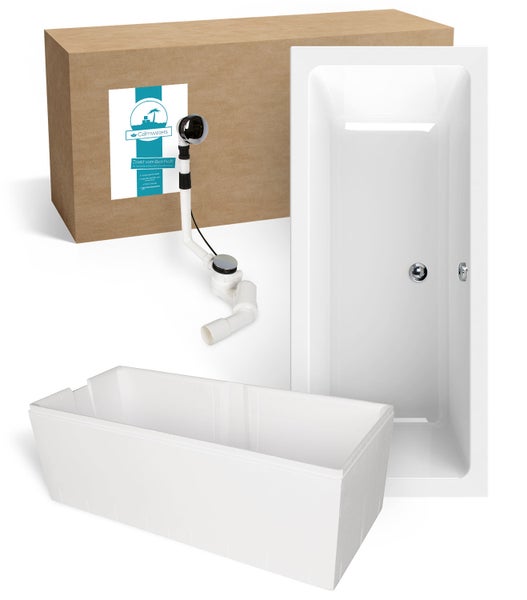 Weiße rechteckige Badewanne aus Acryl mit Wannenträger aus Styropor, Ab- und Überlaufgarnitur, Versandkarton und Calmwaters Logo.