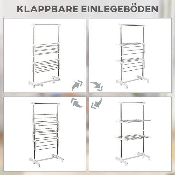 HOMCOM Turmwäscheständer ausziehbar Standtrockner mit 3 Ebenen, klappbare Flügel, Rollen, Wäschetrockner für Innen und Außen, Weiß, 83-136,5 x 45,5 x 154 cm