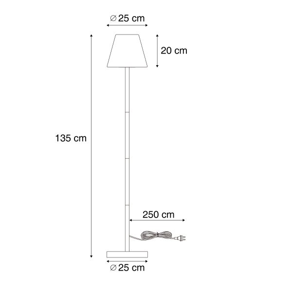Maßskizze einer Stehleuchte mit einer Höhe von 135 Zentimeter, einem Durchmesser von 25 Zentimeter und einer Kabellänge von 250 Zentimeter.