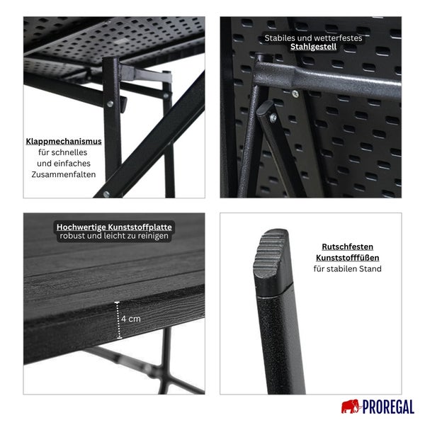 Detailansicht eines Klapptisches mit Stahlrahmen und Kunststoffplatte