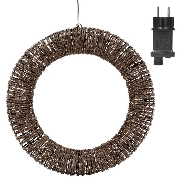 Beleuchteter LED Kranz aus Rattan Optik zum Aufhängen mit Netzstecker