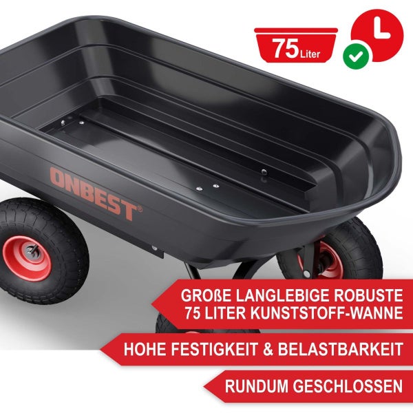 Gartenwagen mit schwarzer 75 Liter Kunststoffwanne, hohe Belastbarkeit, rundum geschlossen, Onbest Logo.