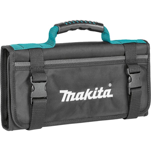 Makita Werkzeugtasche in Schwarz und Türkis mit Tragegriff und zwei Verschlussriemen mit Schnallen.