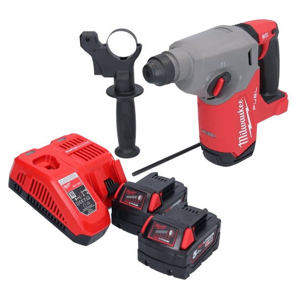 Milwaukee Akku-Bohrhammer-Set mit Akku-Bohrhammer, Zusatzhandgriff, Tiefenanschlag, zwei Akkus und Schnellladegerät.