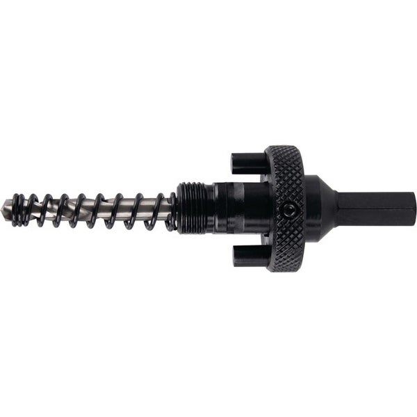 Lochsägen-Aufnahme mit Zentrierbohrer, Auswurffeder und Sechskantschaft aus Metall.