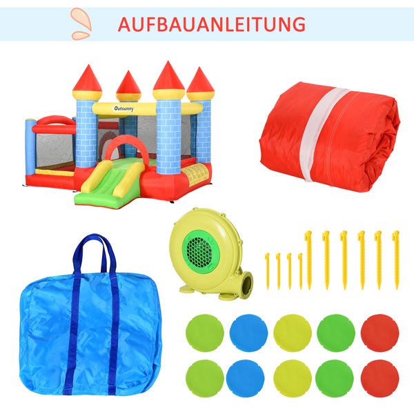 Outsunny Aufblasbare Hüpfburg mit Rutsche Pool für 3 Kinder Burg Springburg mit Gebläse Spielburg Spielhaus für 3-8 Jahre Oxford-, Polyester-Gewebe Rot+Blau+Grün 280 x 260 x 210 cm