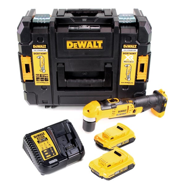 DeWALT 18 Volt Akku-Winkelbohrmaschine im Set mit zwei Akkus, Ladegerät und Systemkoffer.