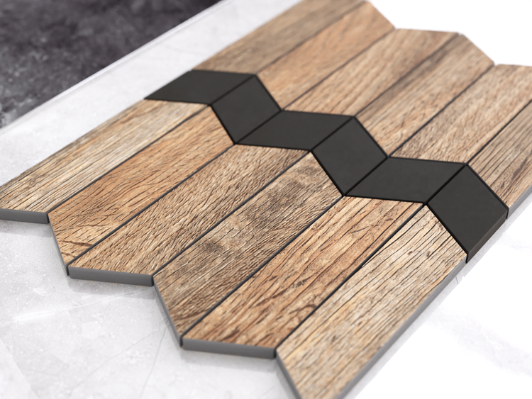 Mosaikfliese in Holzoptik mit dunklem Zickzack-Muster, geometrisches Design für Wand und Boden.
