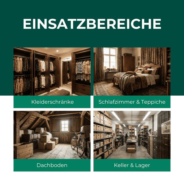 Anwendungsbereiche: Kleiderschränke, Schlafzimmer und Teppiche, Dachboden, Keller und Lager