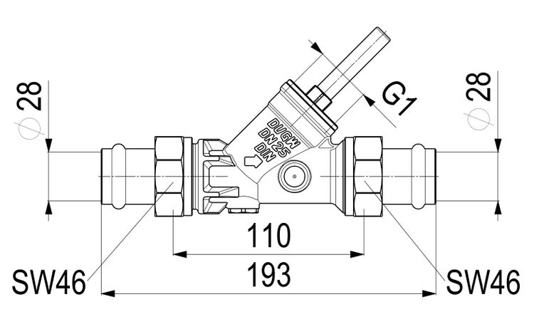 Technische Zeichnung Schrägsitzventil mit Pressanschluss 28 Millimeter, Nennweite 25, G 1 Zoll, Gesamtlänge 193 Millimeter, Schlüsselweite 46.
