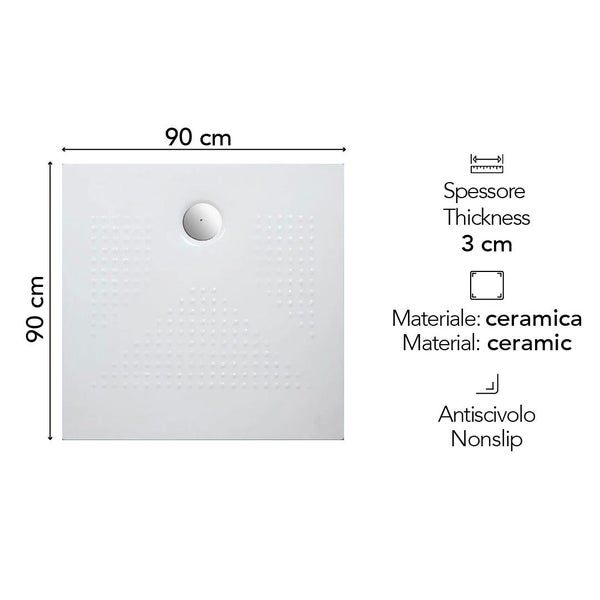 Quadratische Duschwanne aus Keramik, 90 mal 90 Zentimeter, Dicke 3 Zentimeter, mit rutschhemmender Oberfläche.
