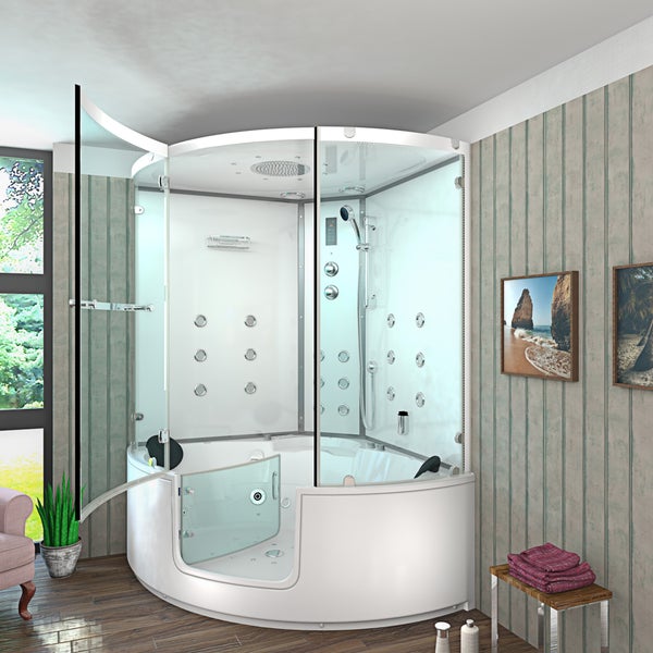 Helle Badezimmer-Szene mit einer kombinierten Dampfduschkabine und Whirlpool-Badewanne, ausgestattet mit Massagedüsen, Kopfbrause und Glastüren.