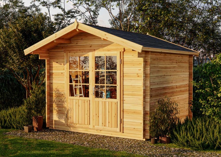 Alpholz Garten- und Gerätehaus Roger-34 Imprägniert Gartenhaus aus Holz in natur, Holzhaus mit 34 mm Wandstärke, Blockbohlenhaus mit Montagematerial 3x3m