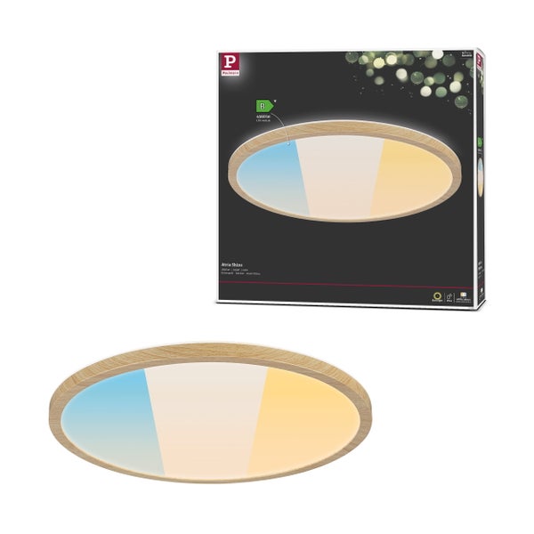 Quadratische LED Deckenleuchte mit Holzrahmen und weißer Lichtfläche