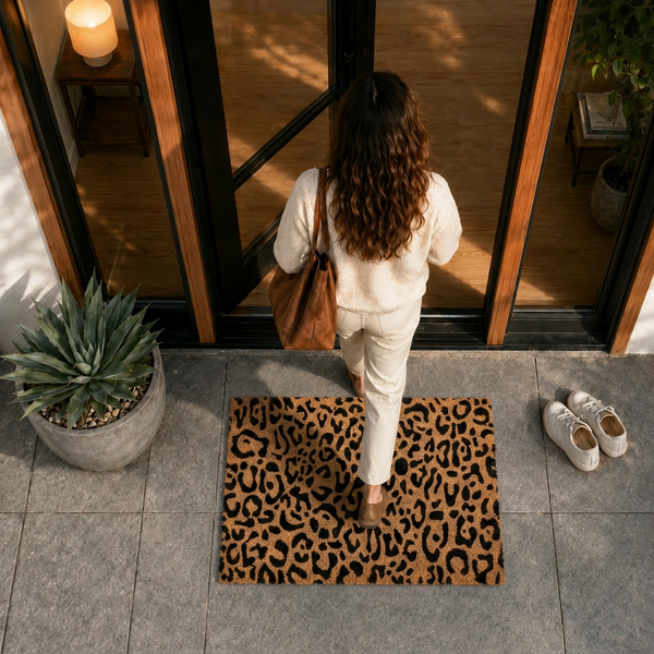 Fußmatte mit Leopardenmuster im Eingangsbereich vor einer Glastür auf einer Terrasse mit einer Person, die das Haus betritt.