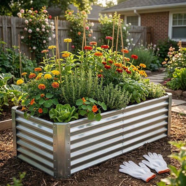 Rechteckiges Hochbeet aus Wellblech im Garten, bepflanzt mit Blumen, Kräutern und Gemüse. Gartenhandschuhe liegen davor auf dem Boden.
