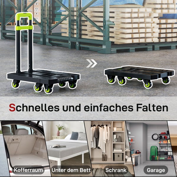Bild zeigt einen faltbaren Transportwagen in zwei Zuständen: ausgeklappt mit Griff und zusammengeklappt. Anwendungsbeispiele sind Kofferraum, unter dem Bett, Schrank und Garage.