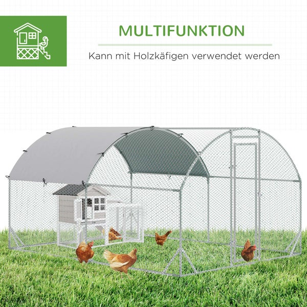PawHut Hühnerstall Freilaufgehege aus Stahl, 280 x 380 x 197 cm Hühnerkäfig mit UV-beständiger Abdeckung, Tür, Hühnergehege für 6-12 Hühner, Kleintiere, Silber