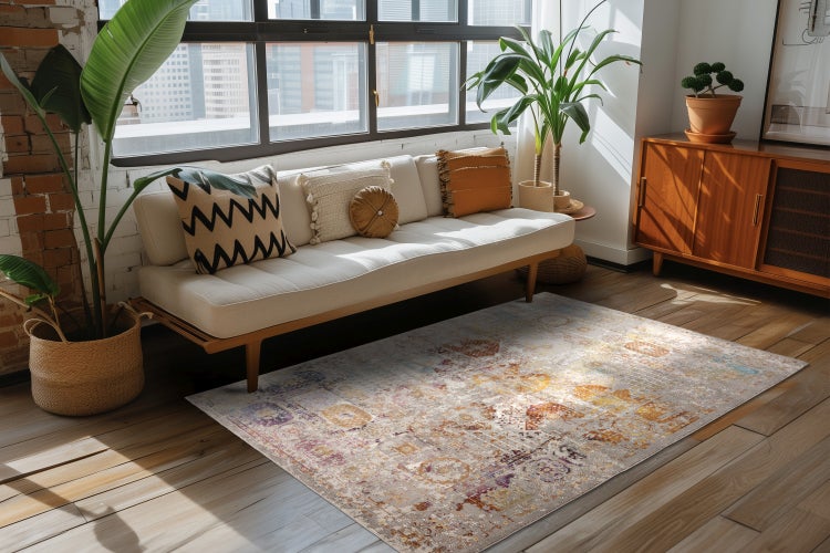 Wohnzimmer mit modernem Sofa und einem Vintage Teppich auf einem Holzboden in einem hellen, gut beleuchteten Raum.