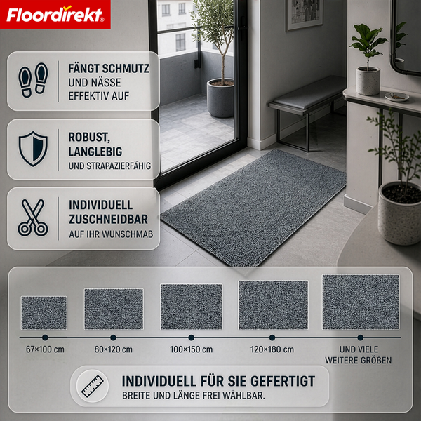 Floordirekt Logo. Graue Schmutzfangmatte im hellen Flur. Merkmale: nimmt Schmutz und Nässe auf, robust, individuell zuschneidbar in vielen Größen.