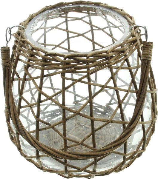Dekoleidenschaft Windlicht Geflecht aus Glas, Kerzenglas mit Weidenkorb & Henkel, Kerzenhalter für Stumpenkerzen, Dekoglas