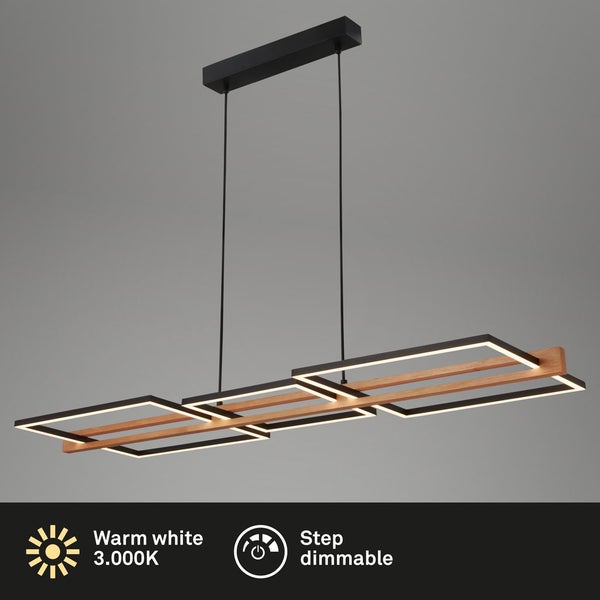 Briloner Moldura LED Pendelleuchte, Holzdekor, 3 Stufen Dimmer, Speicherfunktion, Warmweißes Licht, Schwarz-Holz, 108 x 35 x 150 cm