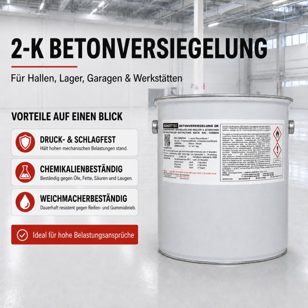 Zwei-Komponenten Betonversiegelung im Metalleimer in einer Industriehalle, druckfest und chemikalienbeständig für Garagen, Lager und Werkstätten.
