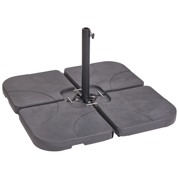 Sonnenschirmständer mit vierteiliger Basis aus Kunststoff, Standrohr aus Metall und Feststellschraube.