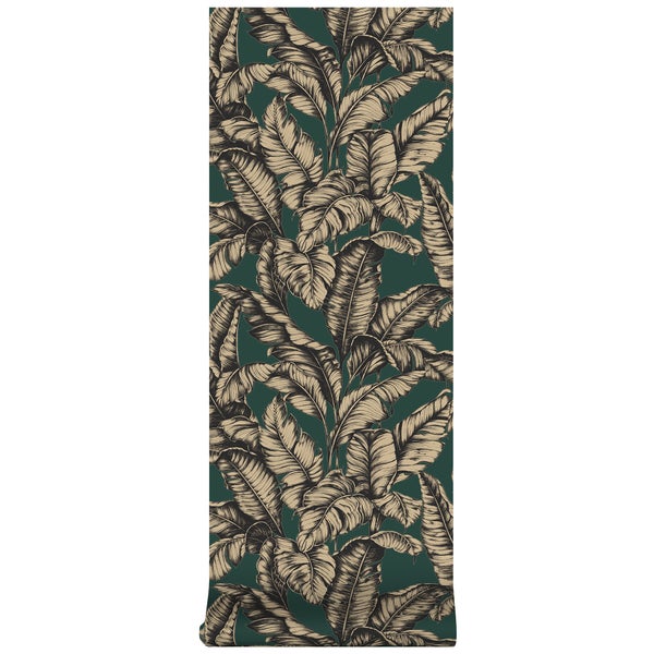Vliestapete mit Bananenblatt-Motiv im Vintage-Stil, dunkelgrün und beige.