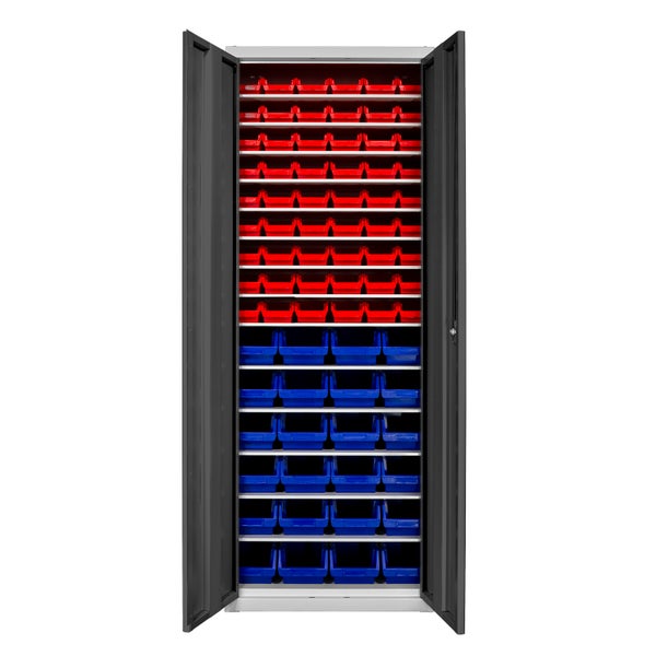 PROREGAL Flügeltürenschrank Owl mit 14 Fachböden + 78 Sichtlagerkästen | HxBxT 195x71x30cm | Lichtgrau/Anthrazitgrau | Spind, Kleinteillager