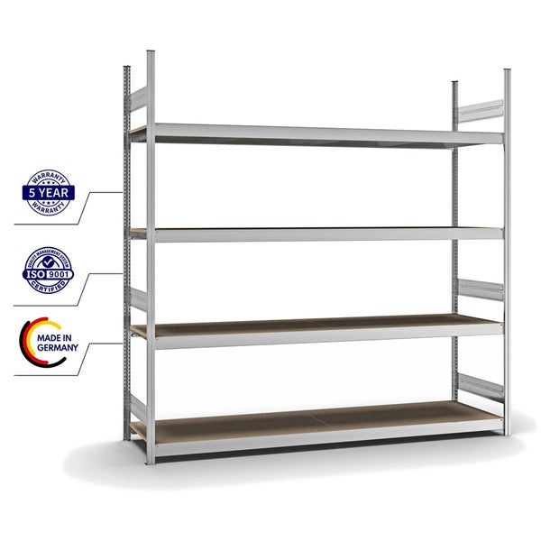 PROREGAL Weitspannregal Stecksystem T-Profil Grundregal HxBxT 250x250x60 cm 4 Ebenen Spanplatten Fachboden Fachlast 350 kg Verzinkt
