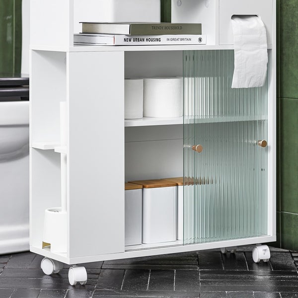 Badezimmer-Rollcontainer mit Regalen und geriffelten Glasschiebetüren zur Aufbewahrung von Badutensilien