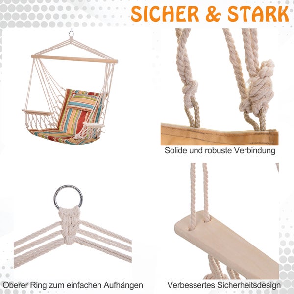 Outsunny Hängesessel Hängeschaukel mit Querstrebe und Kissen Deckenhaken Gestell Hängestuhl bis 100kg belastbar Hängesitz für Indoor Outdoor Garten Terrasse Mehrfarbig