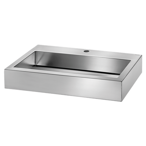 Rechteckiges Waschbecken aus Edelstahl mit einem Hahnloch.
