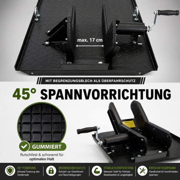 Motorrad-Vorderradständer aus Stahl mit Handkurbel, gummierten Backen bis maximal 17 Zentimeter Breite und 45 Grad Fixierung.