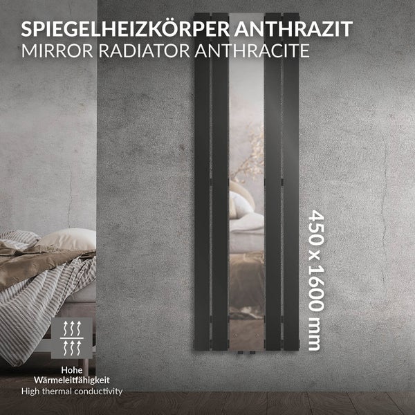 LuxeBath Badheizkörper Flach 1600x450 mm Anthrazit mit Spiegel, Design Paneelheizkörper Mittelanschluss Heizung, Flachheizkörper Vertikal Einlagig, Spiegelheizkörper Glasheizkörper, inkl. Montage-Set