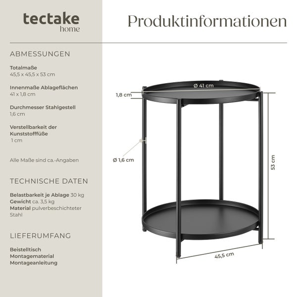Beistelltisch tectake Oxford 45,5 x 45,5 x 53 cm Stahl schwarz