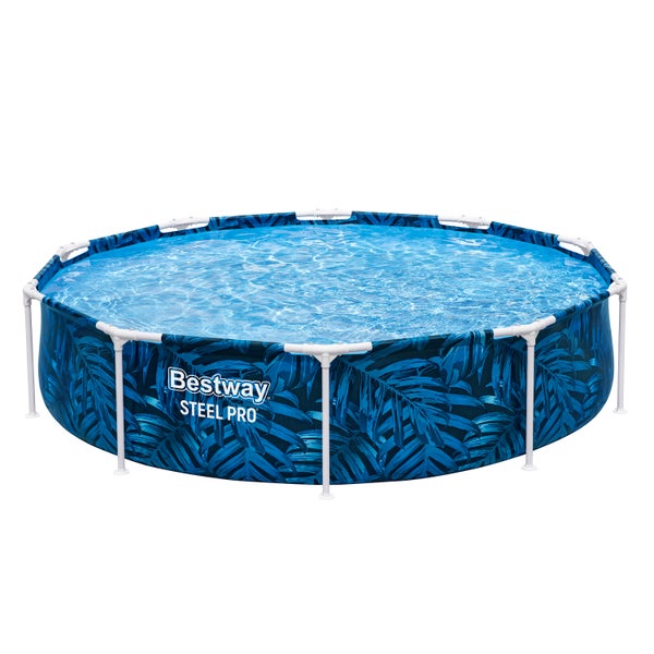 Bestway Steel Pro Rahmenpool, rund, mit tropischem Blättermuster und weißem Gestänge.