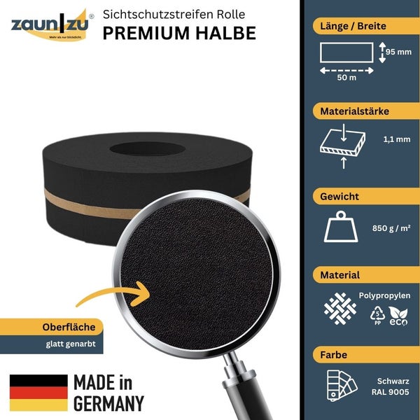 Zaun zu Sichtschutzstreifen Rolle Premium Halbe aus Polypropylen, 50 Meter Länge und 95 Millimeter Breite